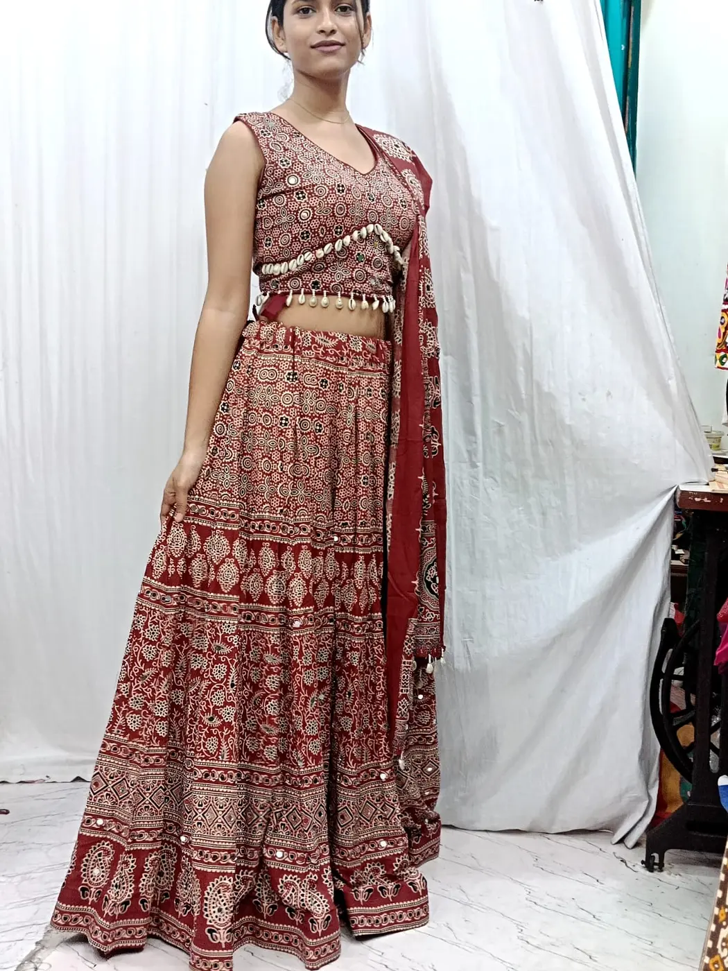 Ajrakh Mirror-Work Chaniya Choli with Cowrie Detailing — view 3