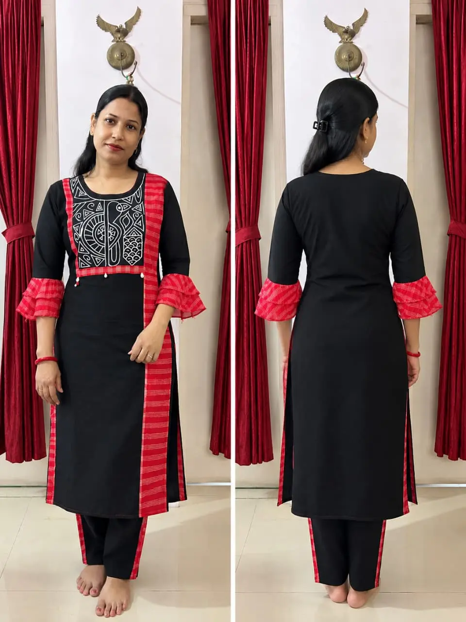 Black Applique Kurta Set with Gamcha-Check Frills