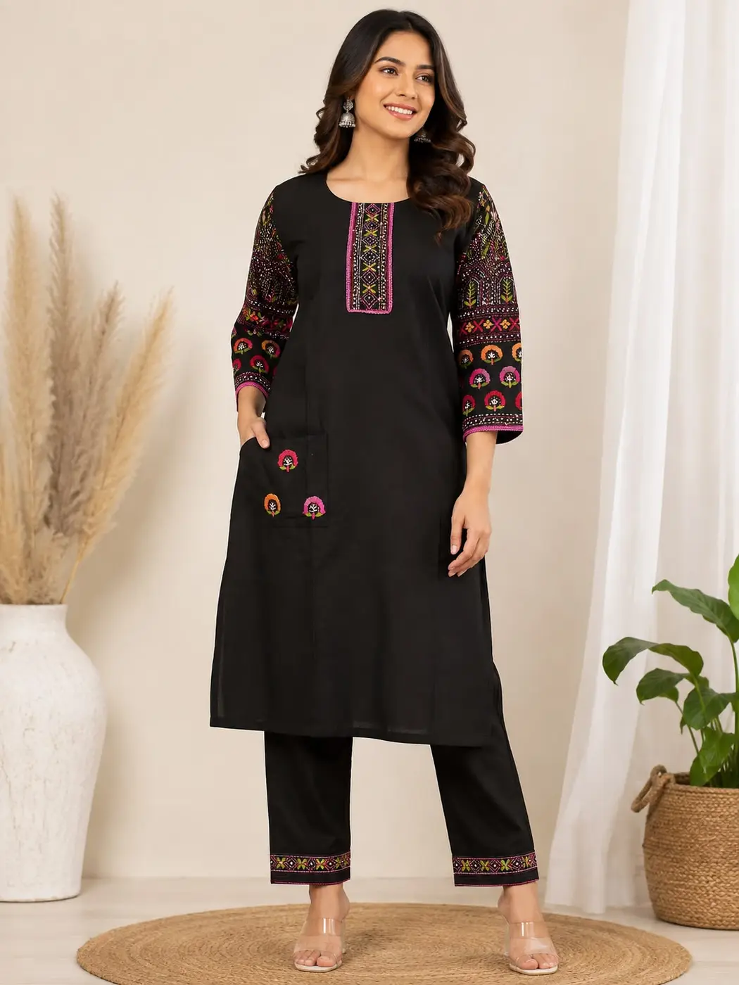 Black Hand-Embroidered Kurta Pant Set