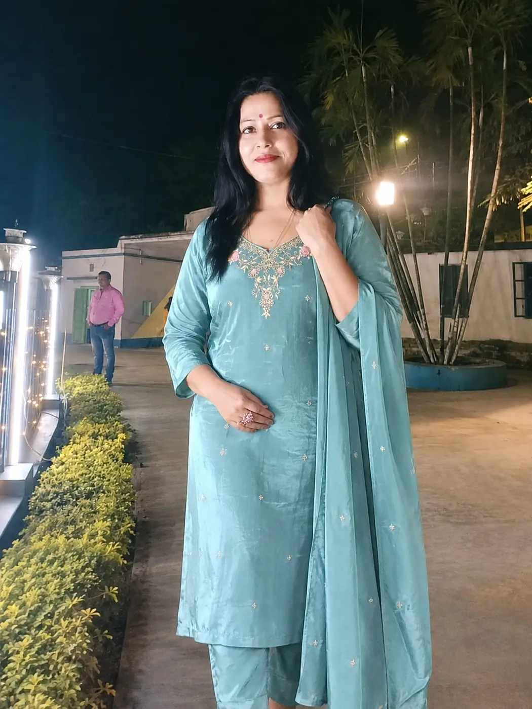 Teal Chinon Salwar Suit with Hand Embroidery